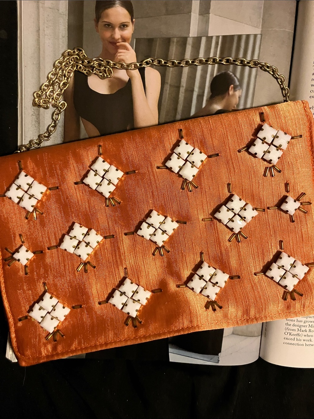 RSVP Orange Beaded Clutch with Gold Chain Strap